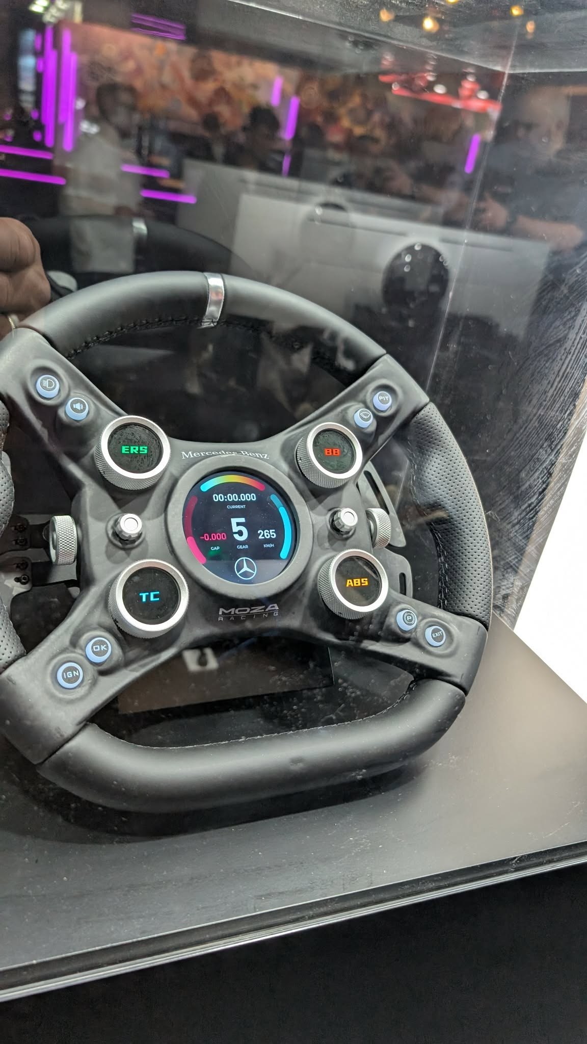 The MOZA x Mercedes-Benz GT Wheel, the more conventional of the two Mercedes wheels MOZA brought to Cologne.